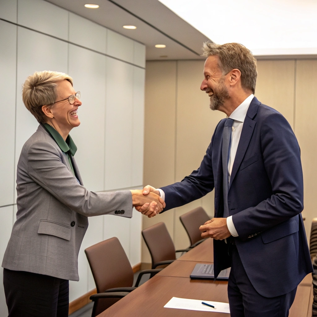 Professionals handshake in modern conference room, signifying collaboration and mutual respect.