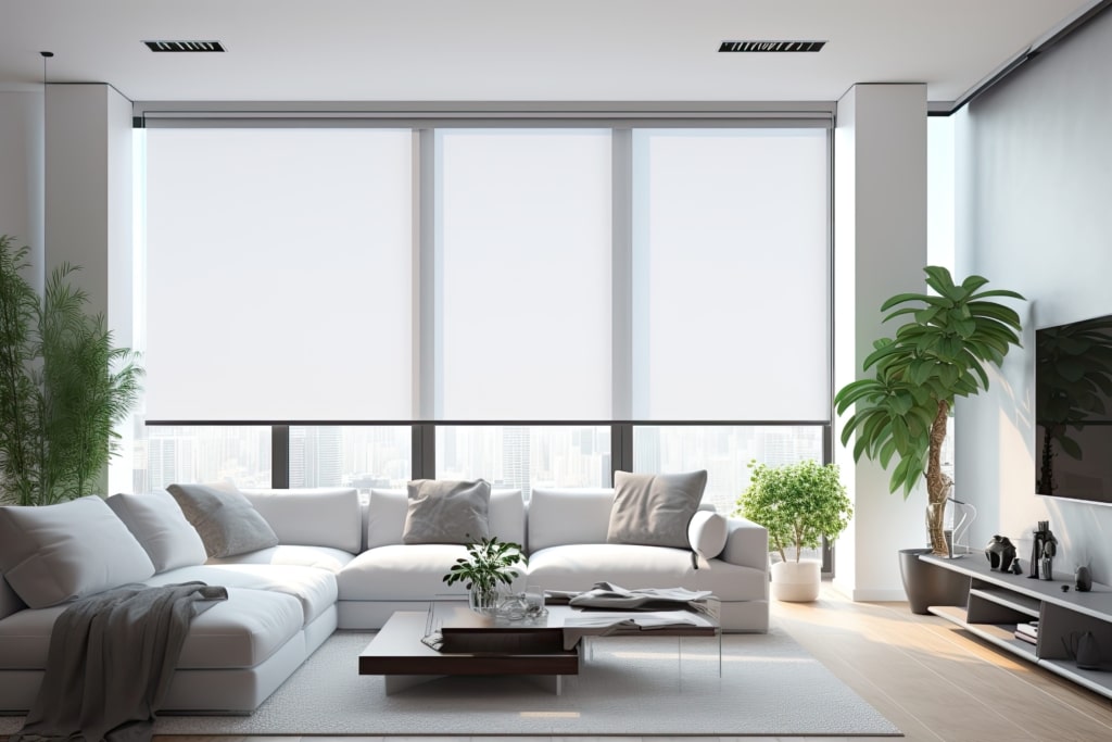 Modern minimalist living room with grey sectional sofa, floor-to-ceiling windows, and sleek furniture.