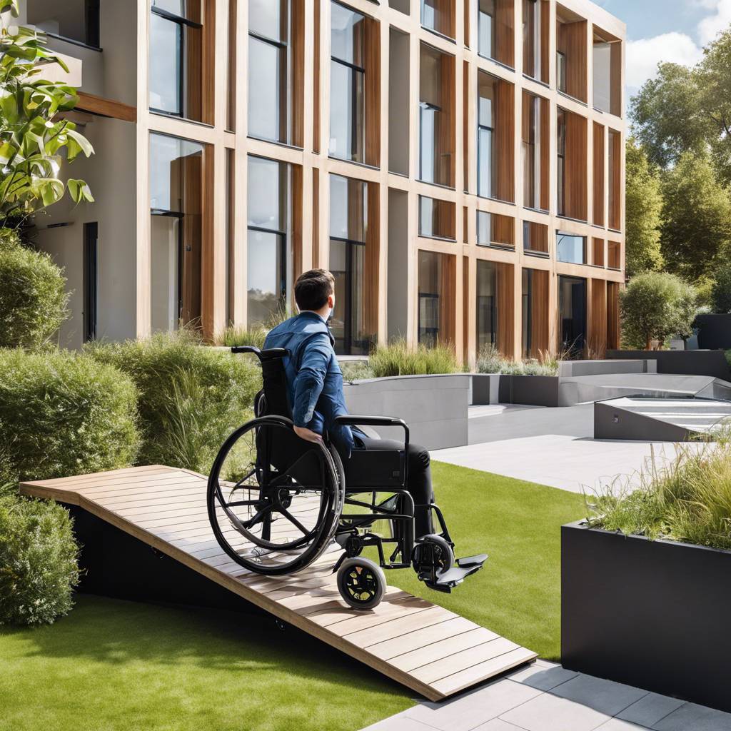 Person in wheelchair using accessible ramp to modern building with landscaped surroundings.