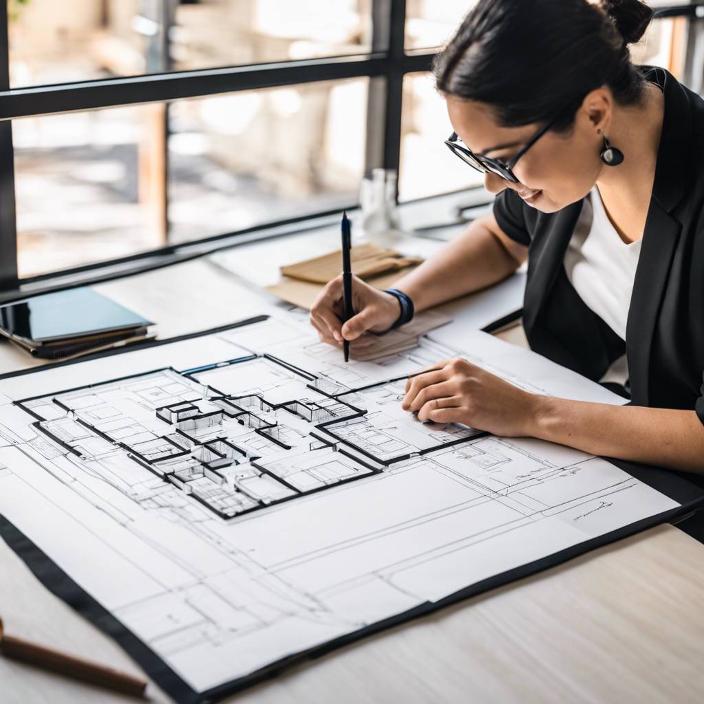 Architect working on detailed NDIS housing blueprints in a bright, modern workspace.