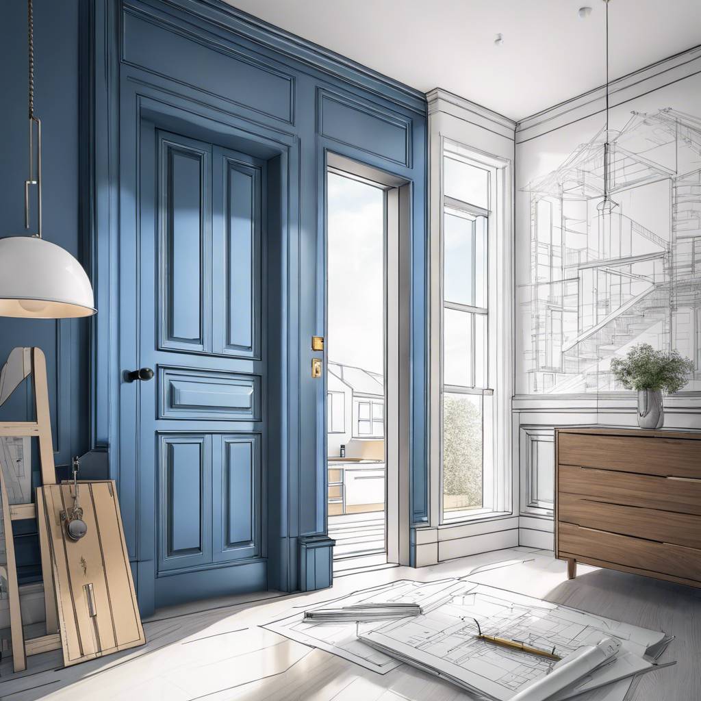 Modern creative workspace with blue door, natural light, and artistic elements.