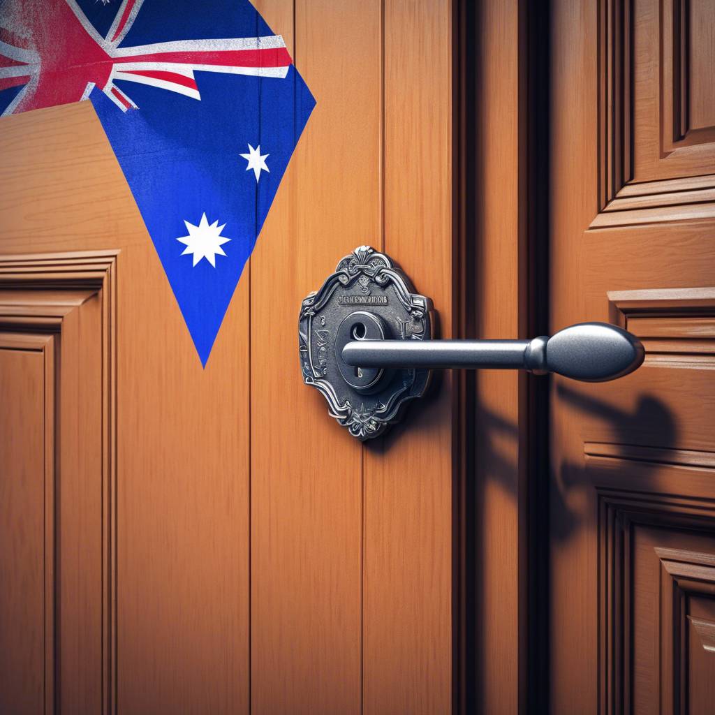 Elegant wooden door with vintage handle and Australian flag detail.