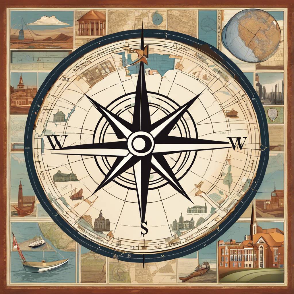 Compass rose with historical scenes and globe, vintage exploration theme.