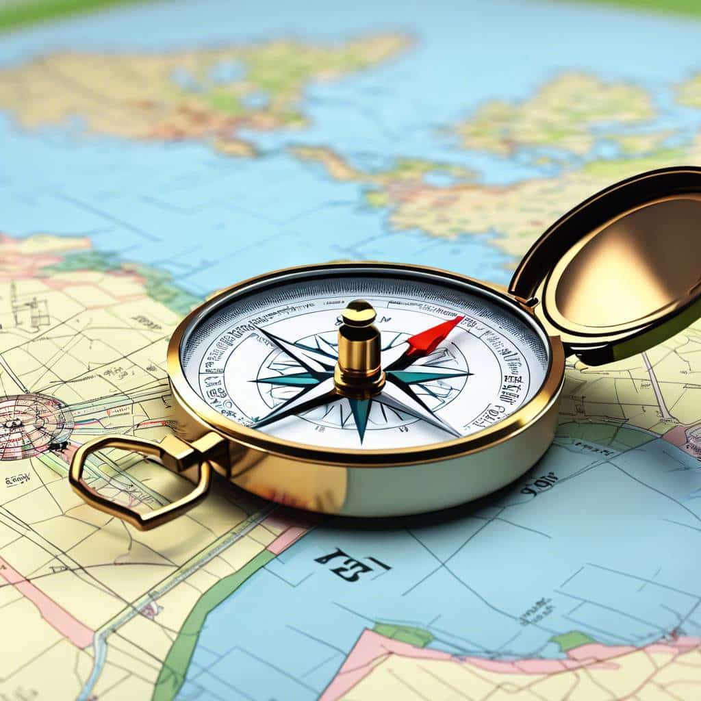 A brass compass resting on a detailed, colourful map, symbolising navigation and exploration.
