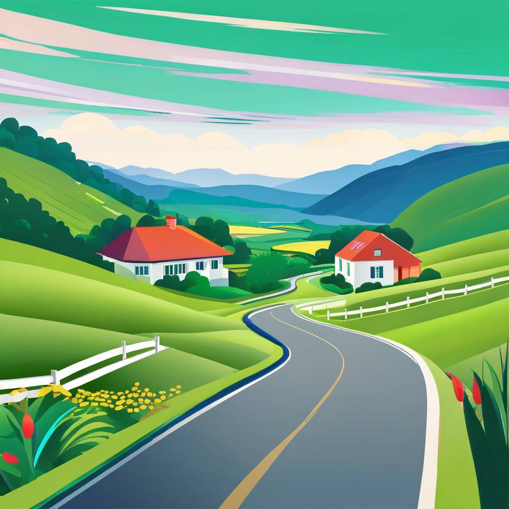 Countryside scene with rolling hills, winding road, and charming houses.