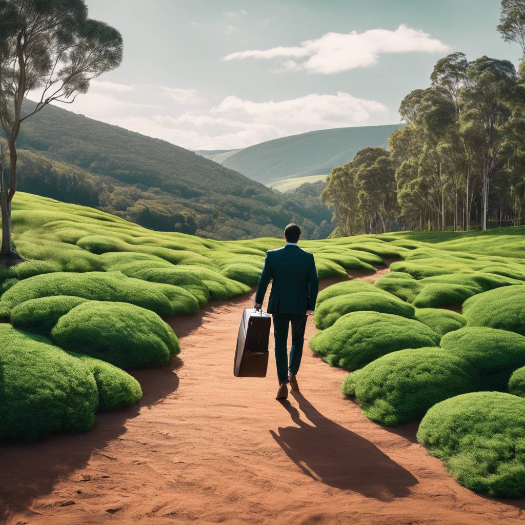 Man with suitcase on red path through lush landscape with hills and trees in background.