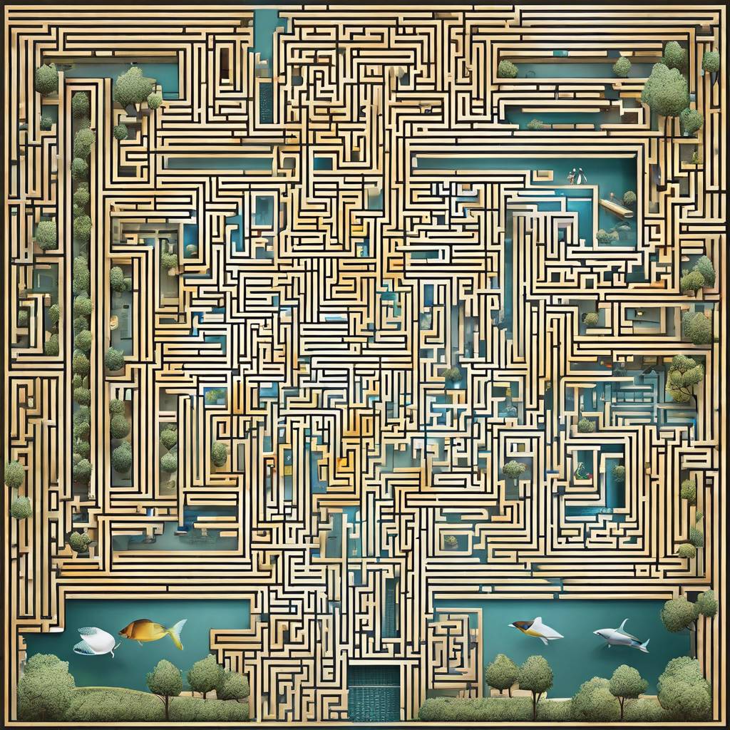 Intricate NDIS property investment maze with trees, structures, and pathways.