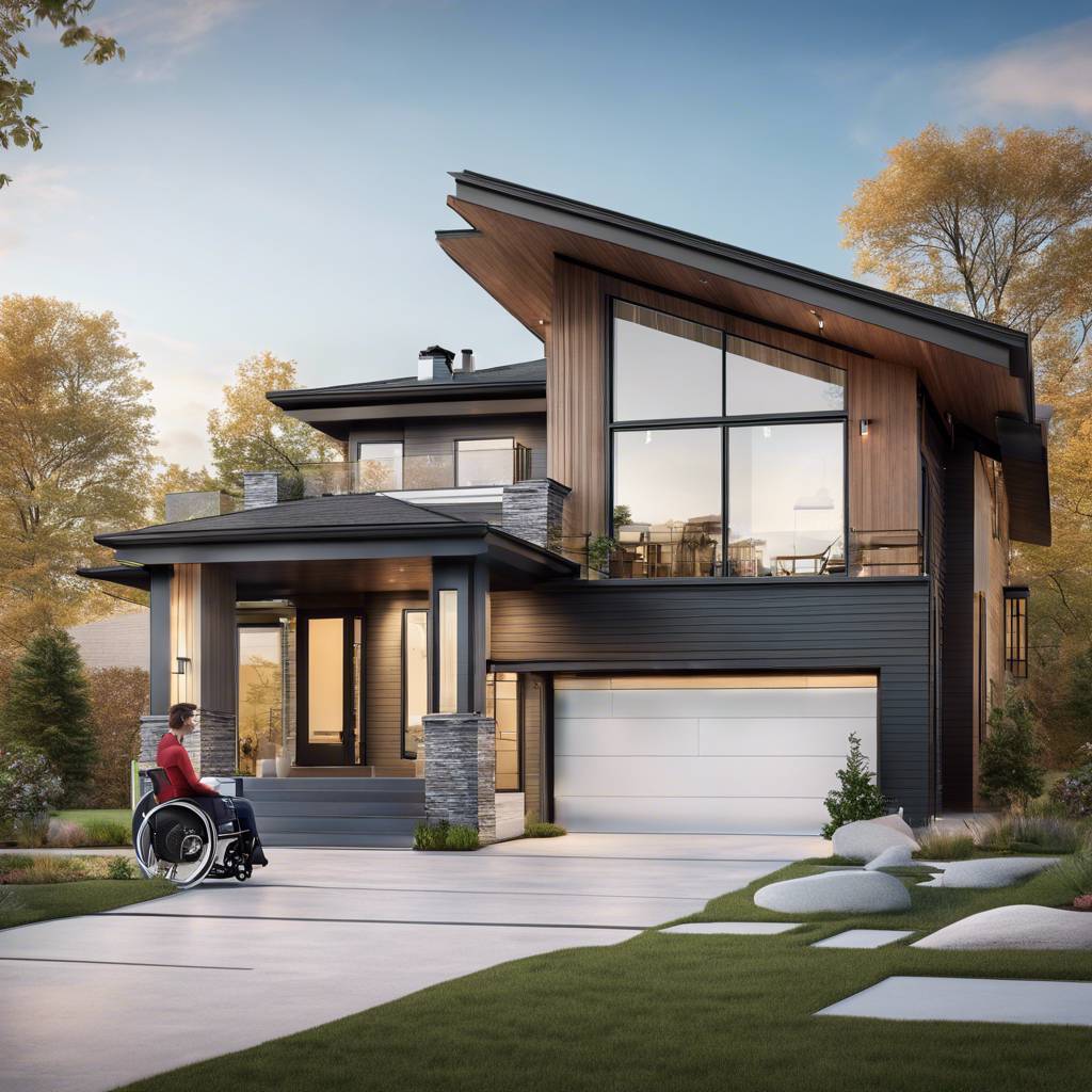 Modern two-story house with accessible design, driveway, and autumn trees.