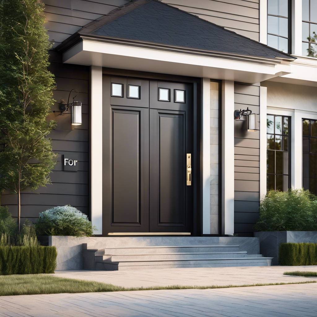 Modern Australian home entrance with black doors, gold handle, and charcoal grey siding.