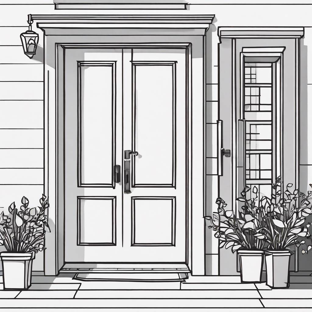 Modern house front entrance with double doors, large window, and potted plants.
