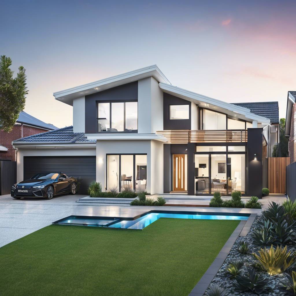 Modern two-story house with glass facade, pool, and landscaped garden.