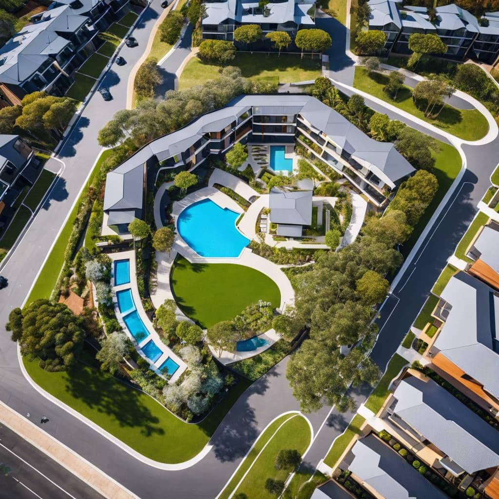 Aerial view of modern Sydney NDIS housing with pools and gardens.