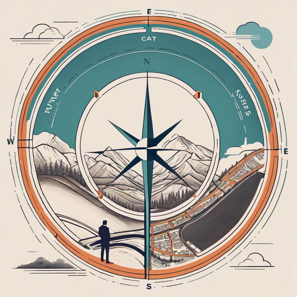 Compass with landscape, mountains, village, and lone figure; symbolising exploration and harmony.