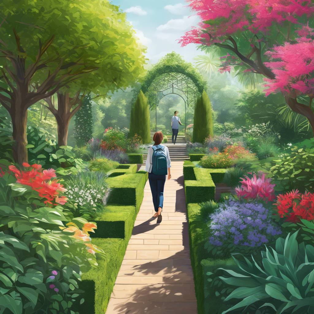 Beautiful garden path with vibrant flowers and trimmed hedges on a sunny day.