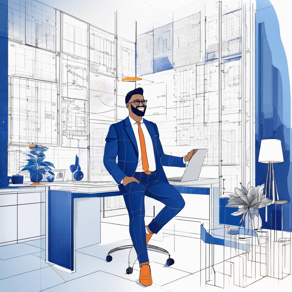 Stylish professional in blue suit, modern office with architectural blueprints.