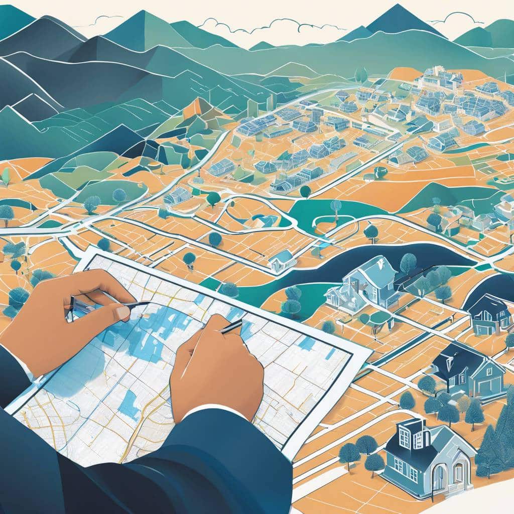 Aerial view of suburban planning with hands holding a detailed map, mountains in background.