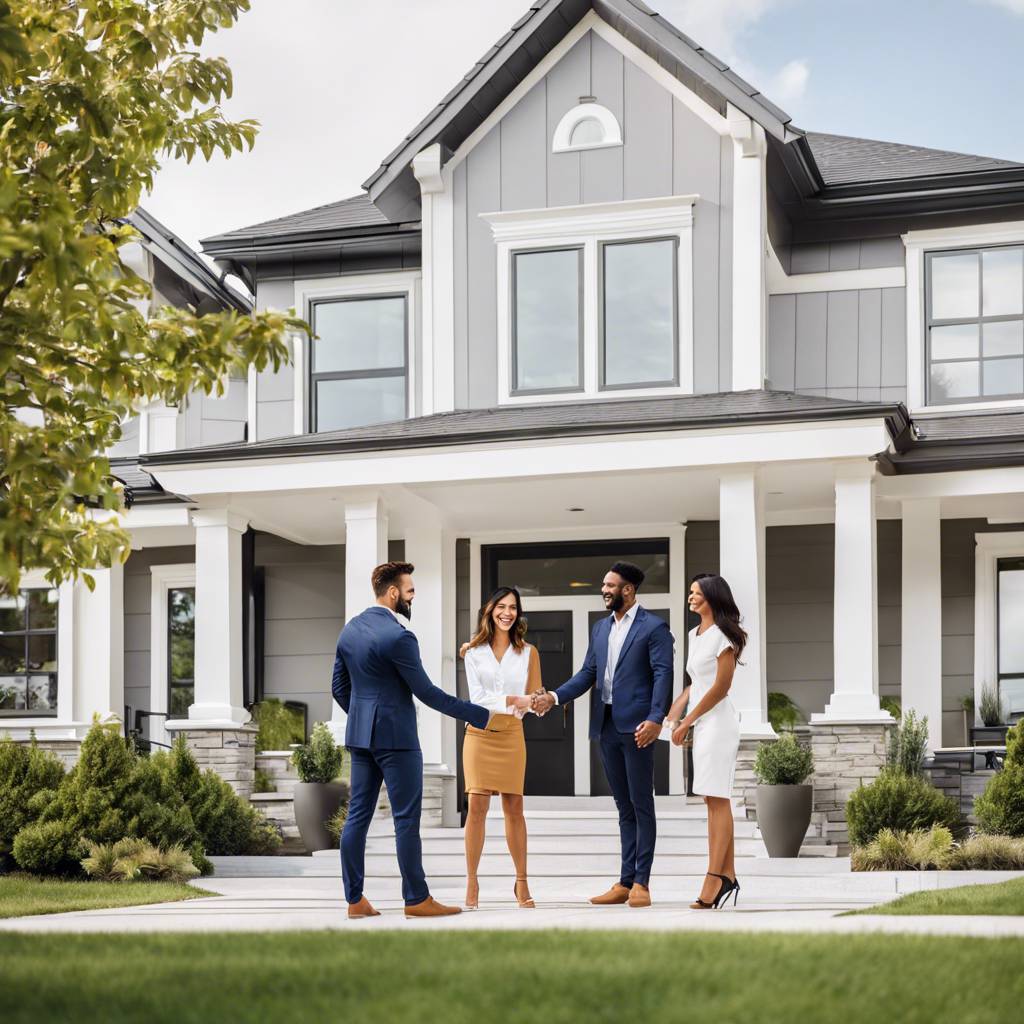Modern home with buyers and agents exchanging keys, lush lawn, blue sky.