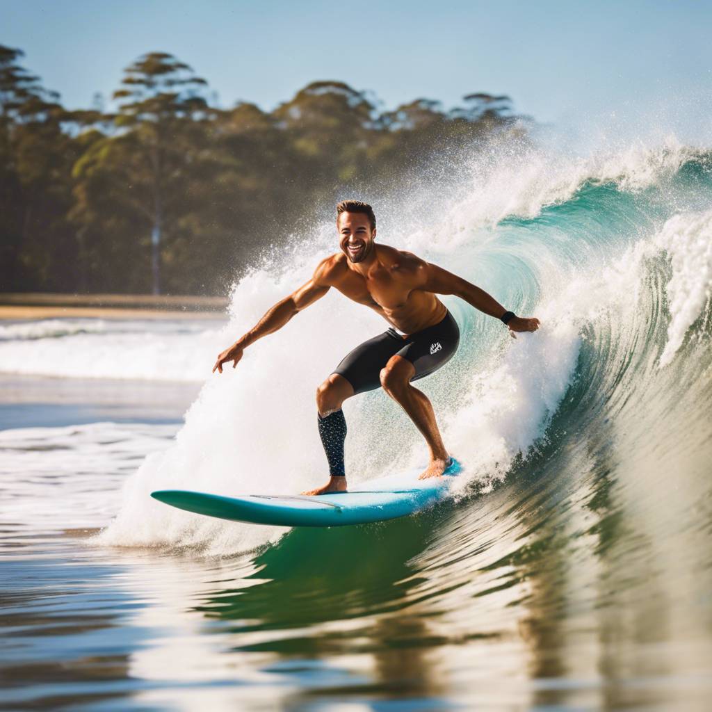 Surfer expertly rides powerful wave against stunning Brisbane coastline.