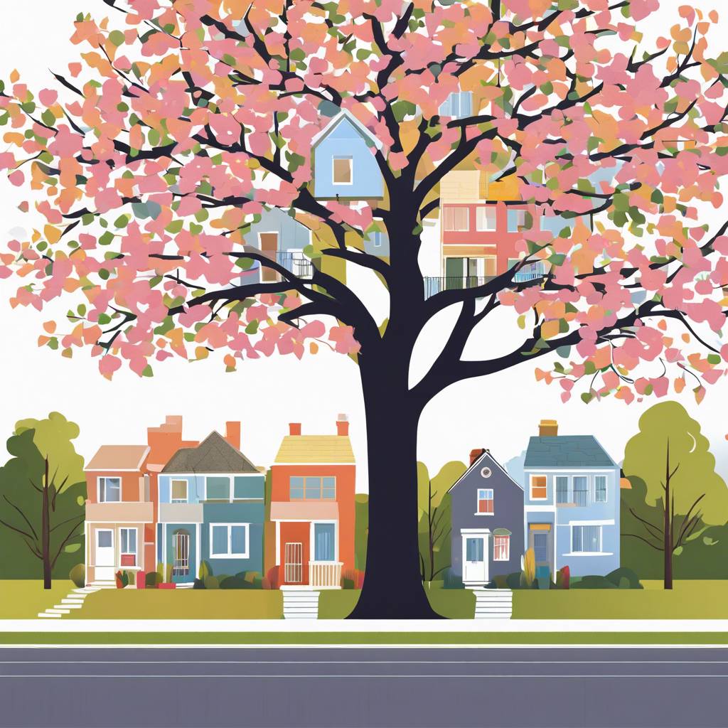 Tree with colourful houses in branches and suburban street below.