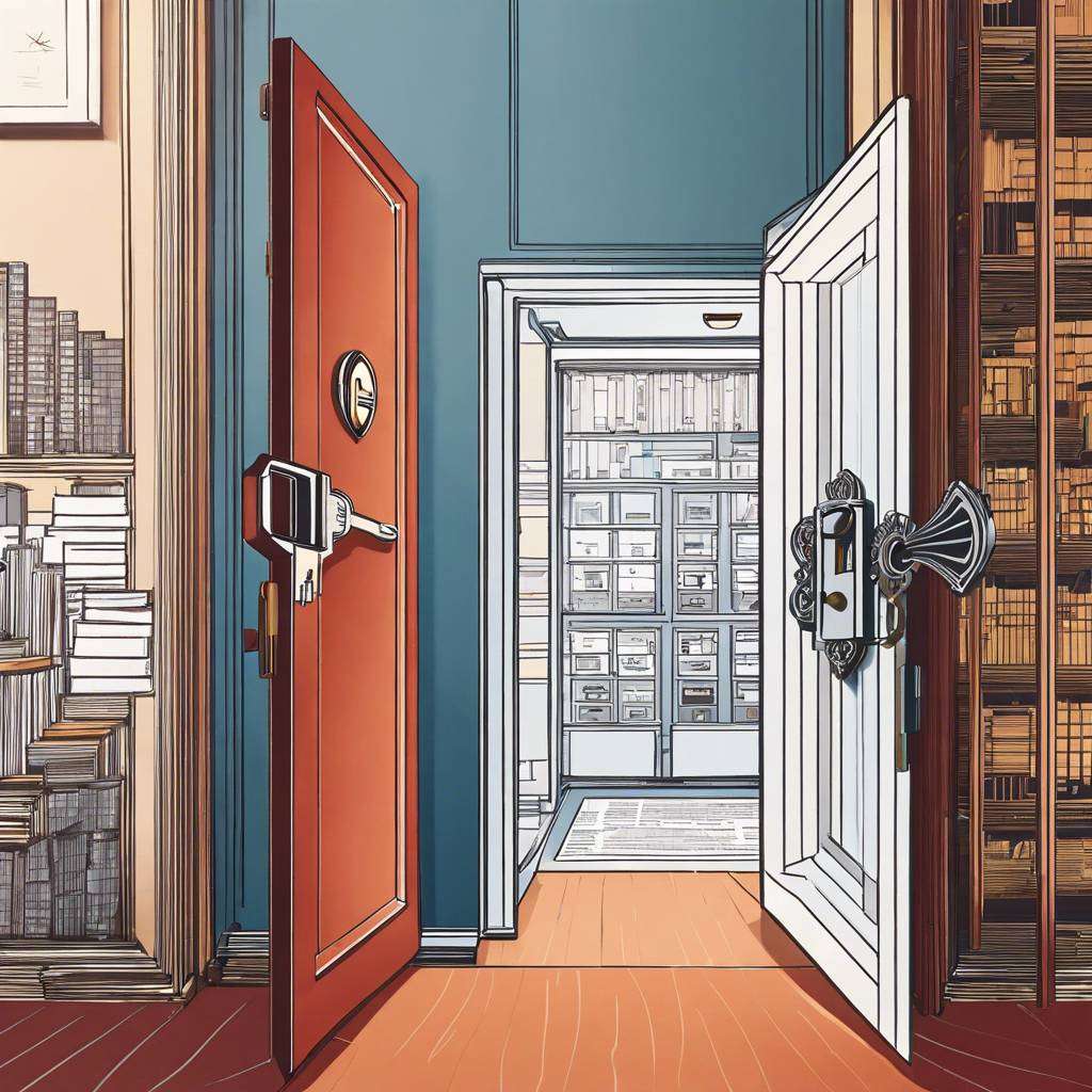 Library study with red and white doors, shelves of books, warm lighting.
