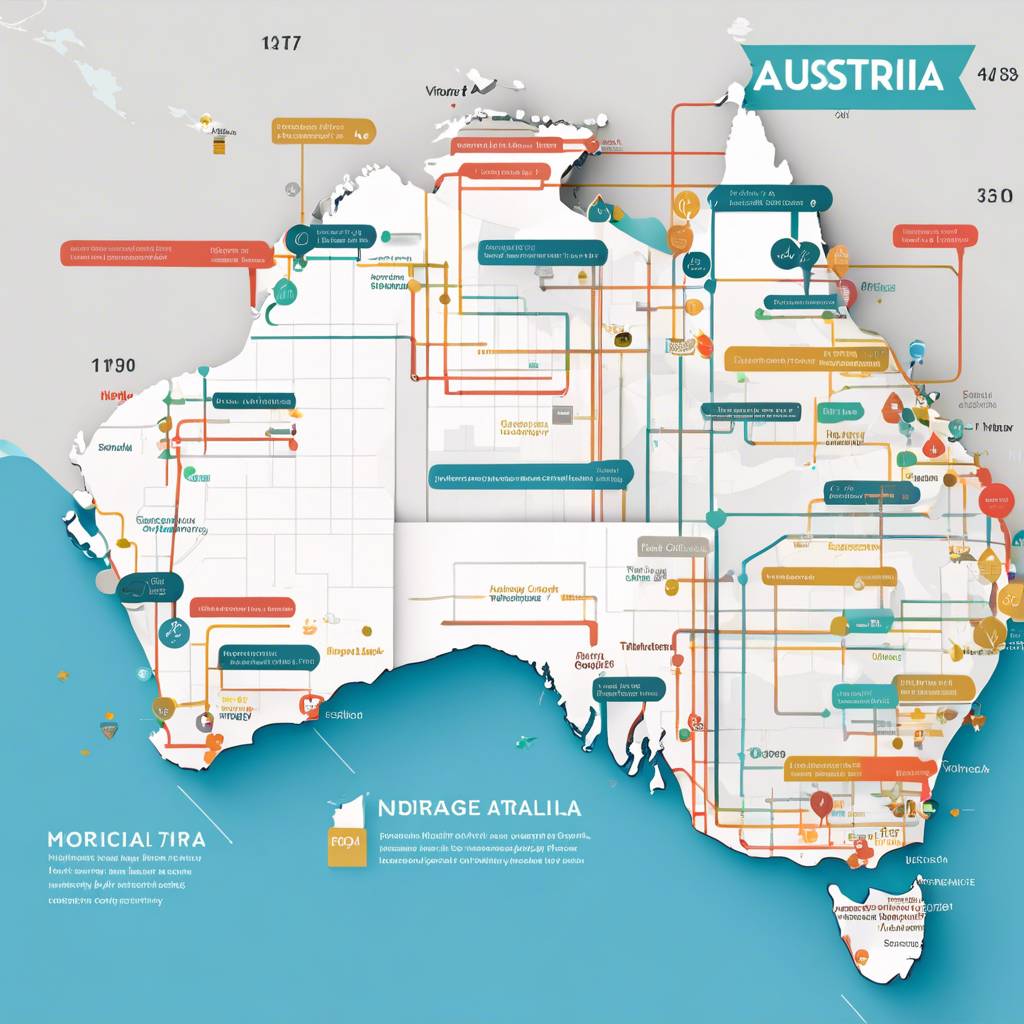Stylized map of Australia with data points, connections, and colorful lines.