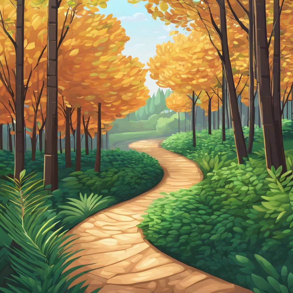 Autumn forest pathway winding through vibrant greenery and tall orange-leaved trees.