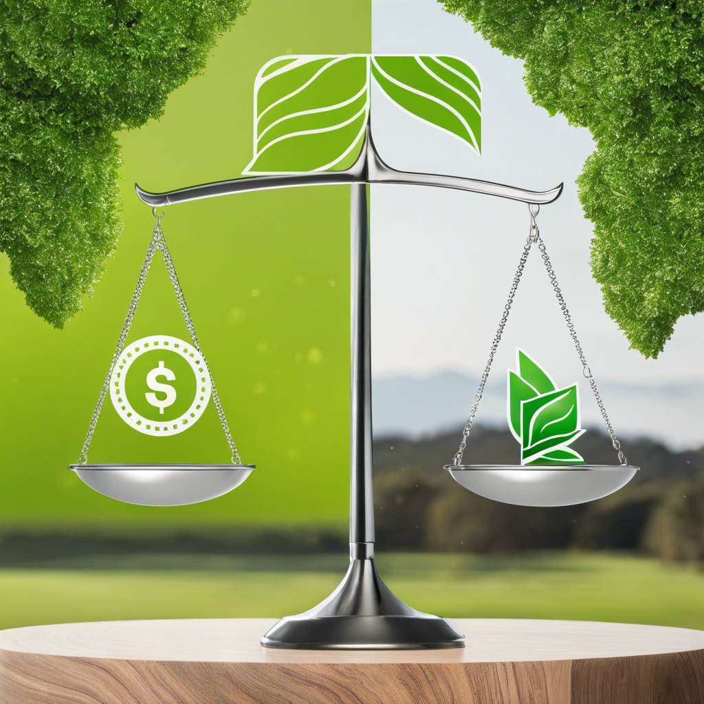 Balanced scale with dollar coin and leaves, symbolising economic and environmental harmony.