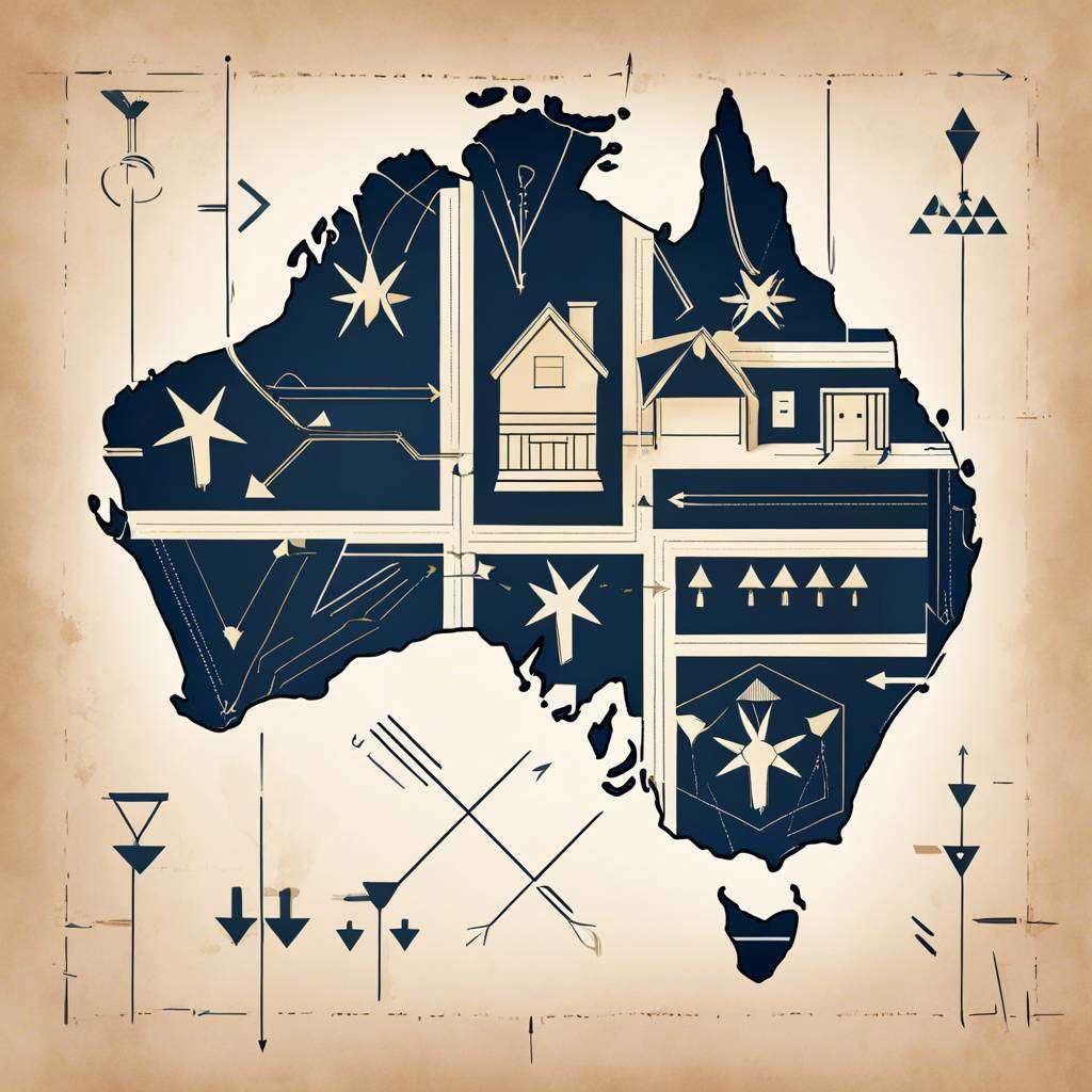 Blueprint-style map of Australia with symbols indicating property market opportunities and landmarks.