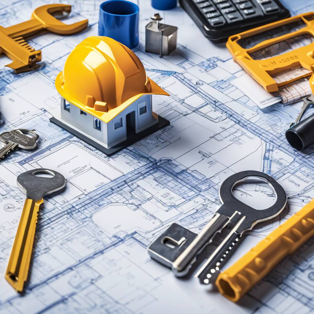 Architectural blueprint with model house, hard hat, construction tools, and financial calculator.