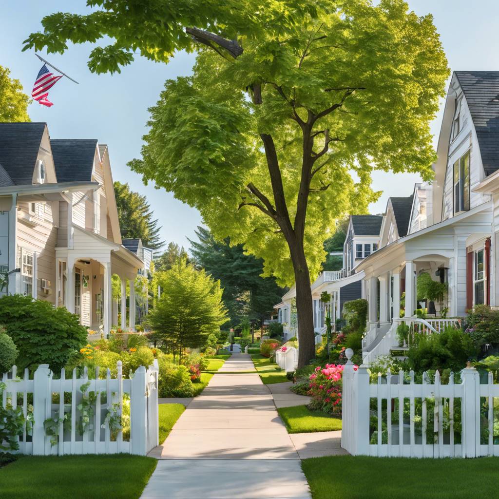 Charming suburban neighborhood with well-maintained lawns, traditional houses, and community spirit.