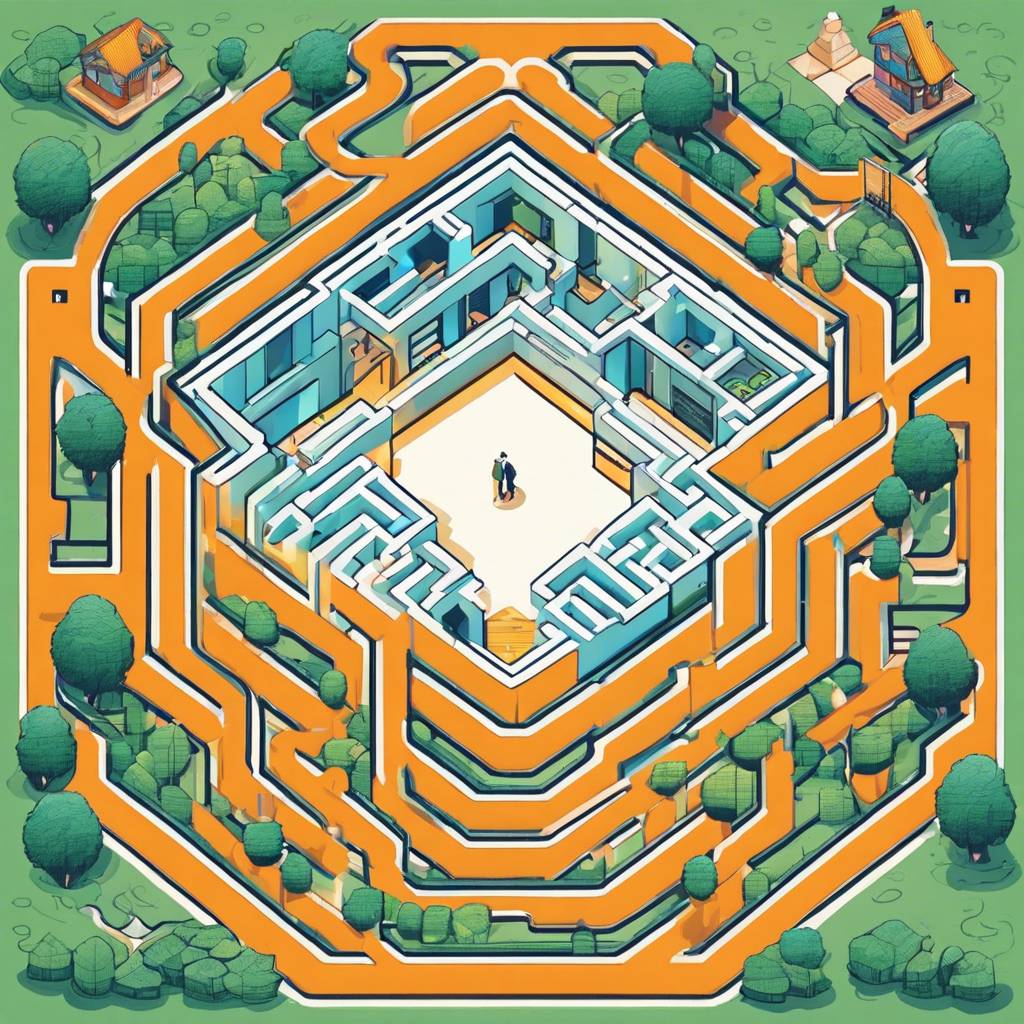 Labyrinthine maze with vibrant paths, intricate design, green surroundings, and a lone figure at the center.