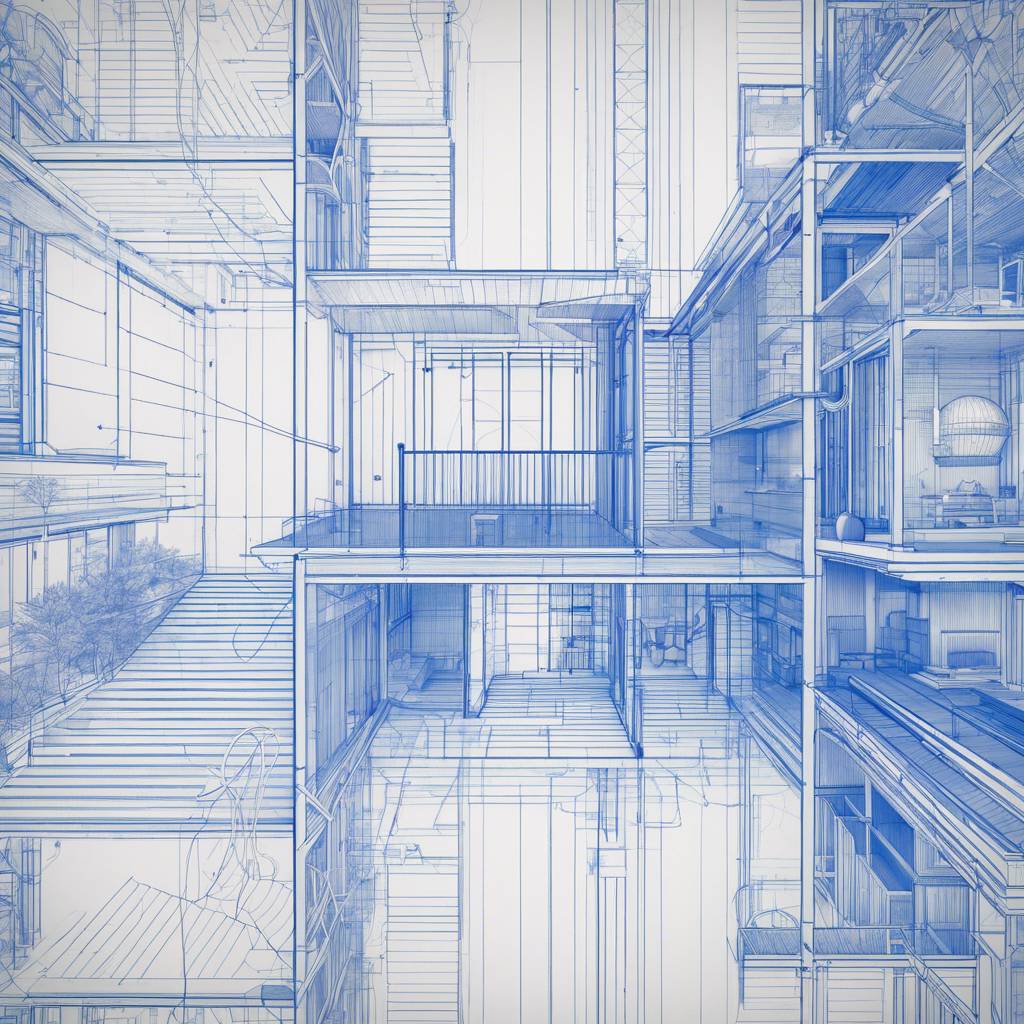 Architectural blueprint of multi-level NDIS property investment, featuring terraces, atrium, and detailed rooms.