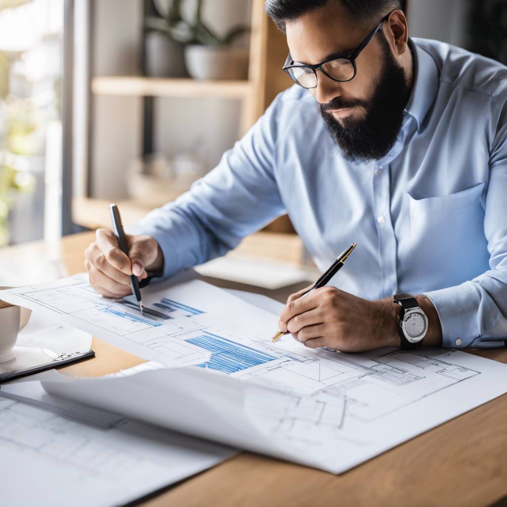 Architect working on plans at tidy, well-lit desk.