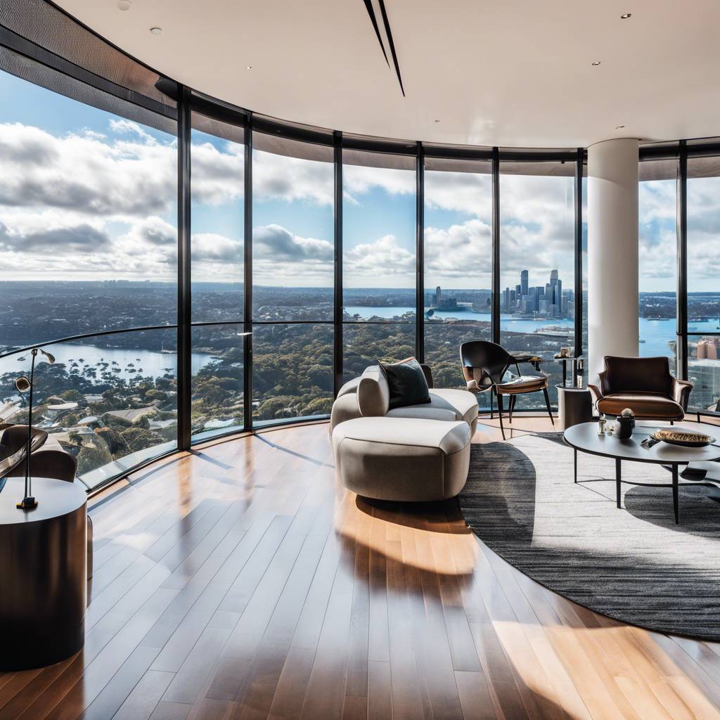 Luxurious Sydney high-rise apartment with panoramic urban and natural views.