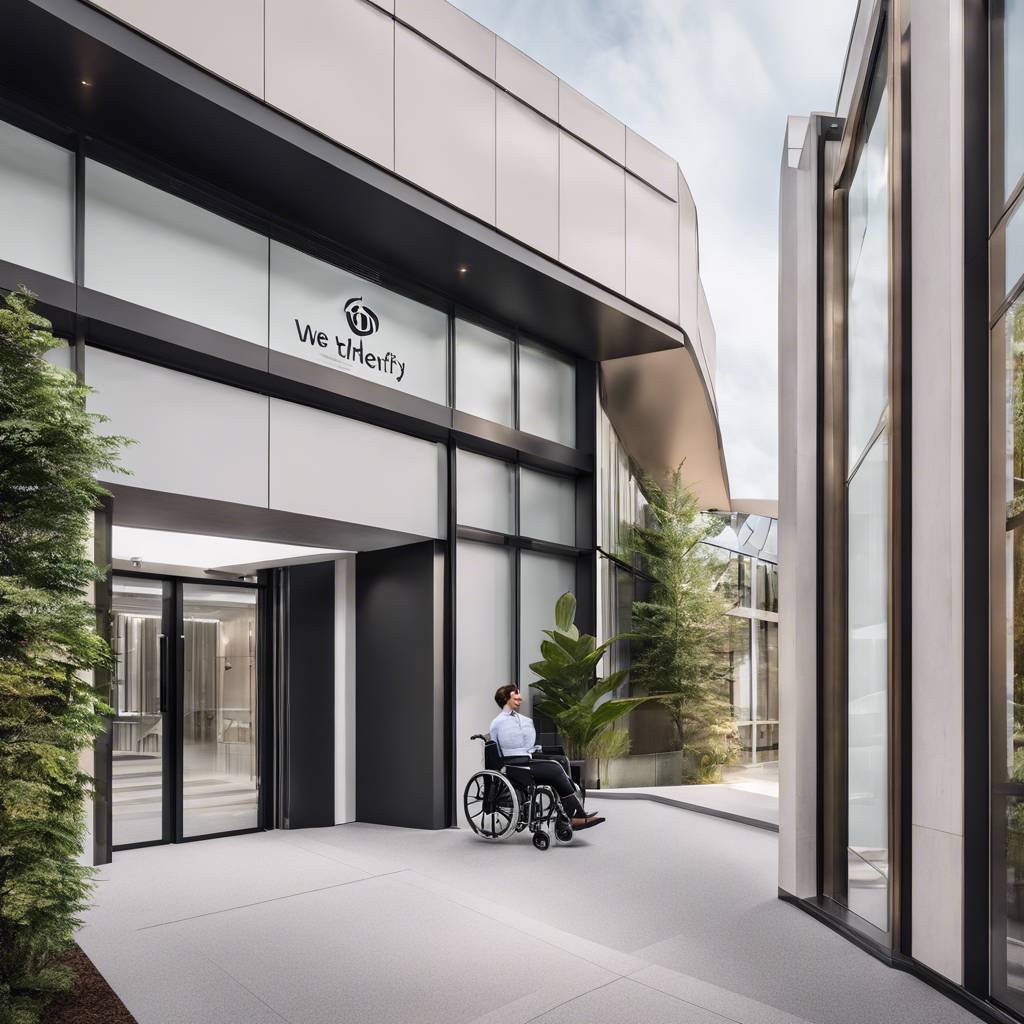 Modern building exterior with accessibility features and greenery.