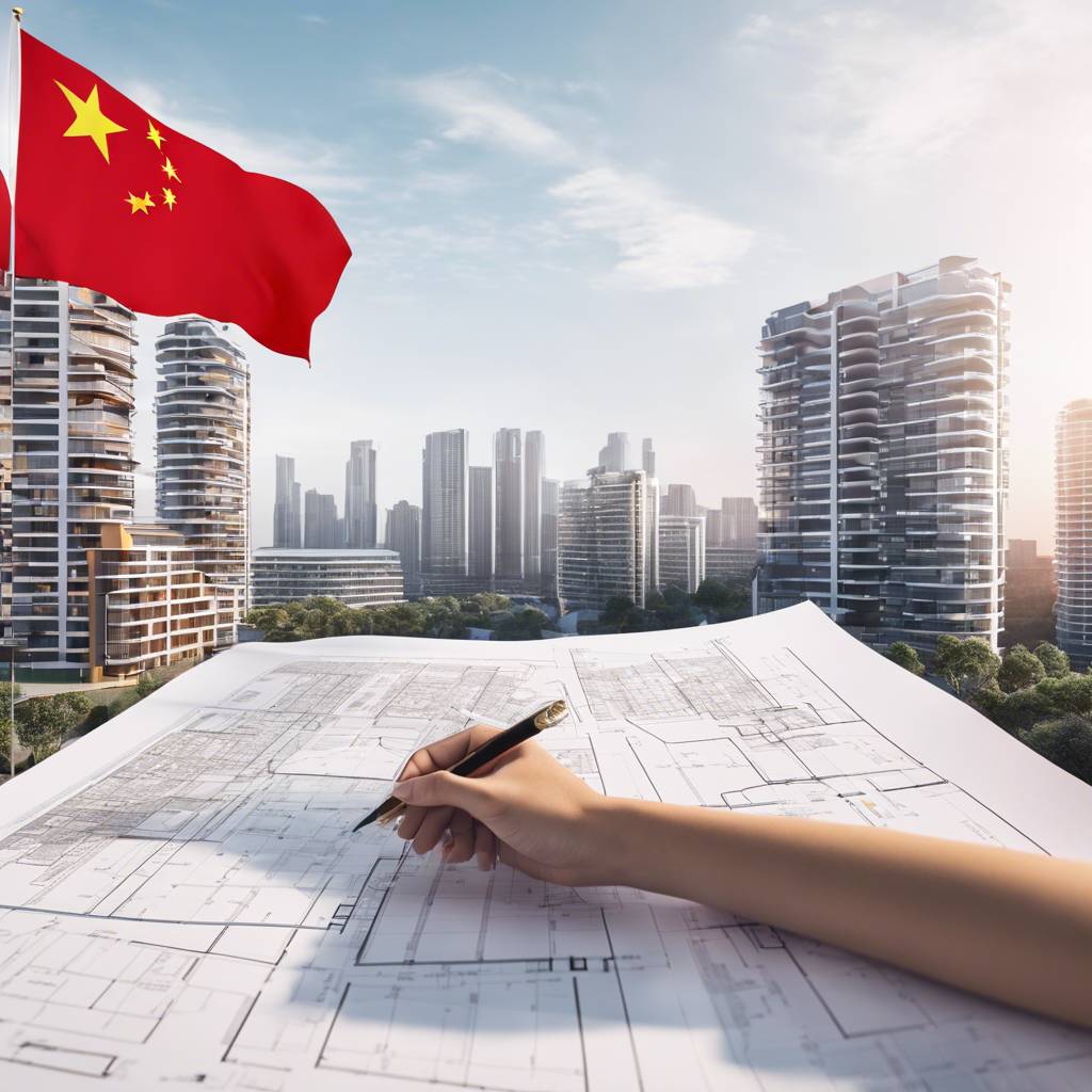 Chinese city development blueprint with skyscrapers and flag in background.