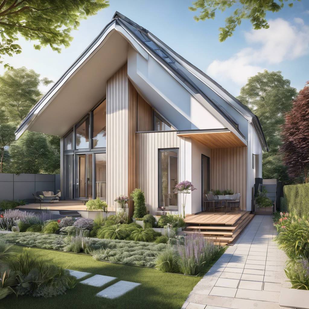 Modern house with angular roof, landscaped yard, wooden deck, and large windows.