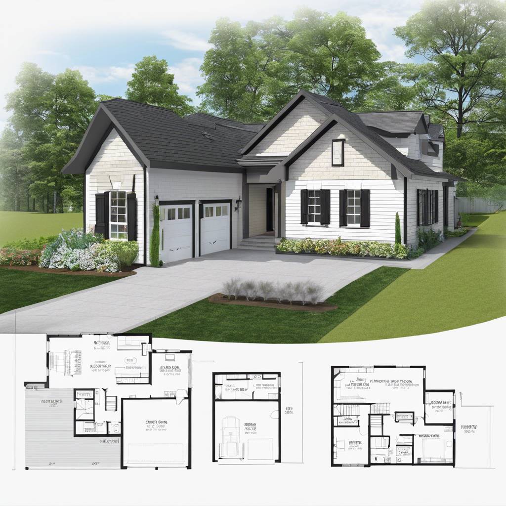 Modern farmhouse single-story house with garage, lush lawn, and detailed floor plans.