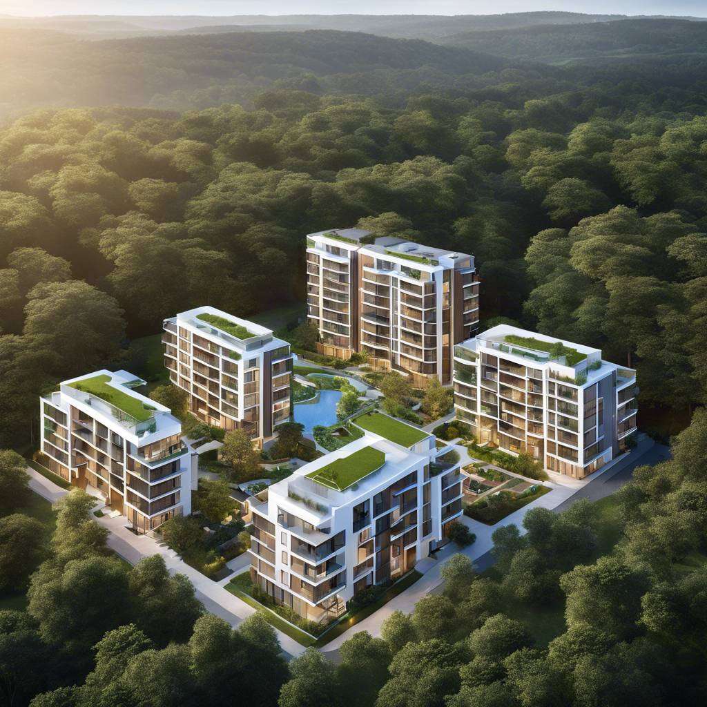 Modern residential complex amidst lush forest with green roofs and landscaped garden.
