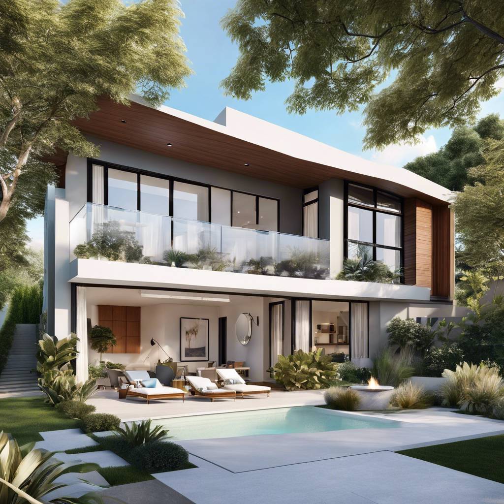 Modern luxury two-story house with pool, balcony, and lush landscaping.