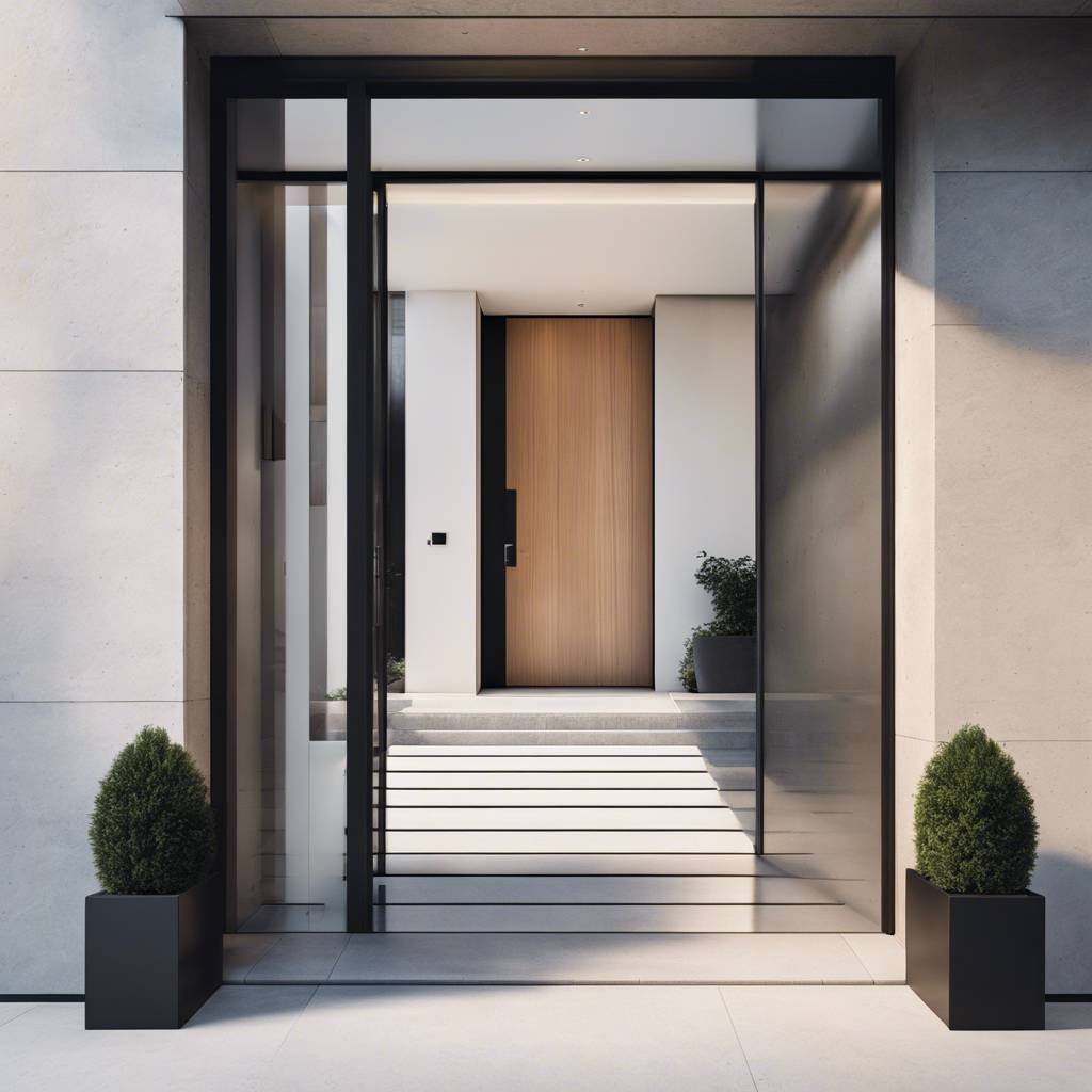 Modern minimalist home entrance with glass panels, stone walls, and wooden door.