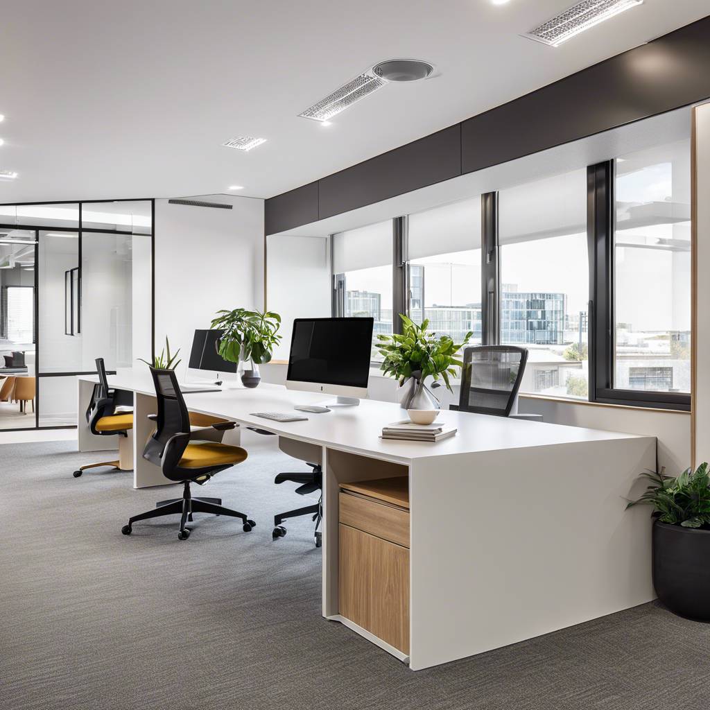 Modern minimalist office with ergonomic furniture, natural light, city view, and green plants.