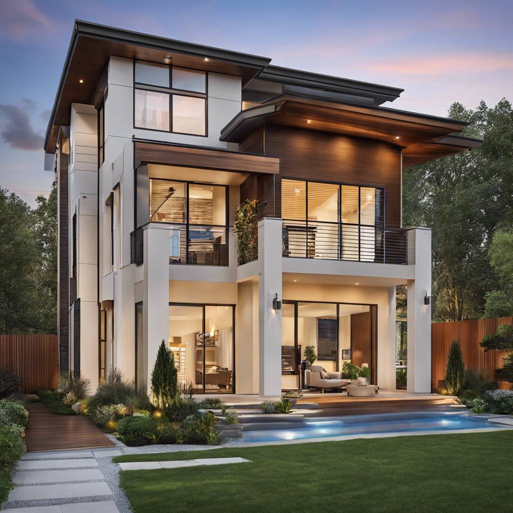 Modern multi-level house with glass, wood, concrete, pool, and landscaped garden at sunset.