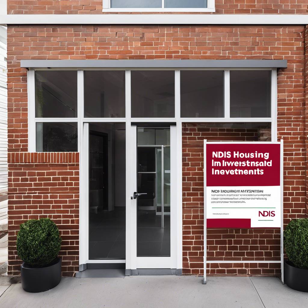 Modern NDIS housing entrance with brick façade, glass doors, and potted plants.