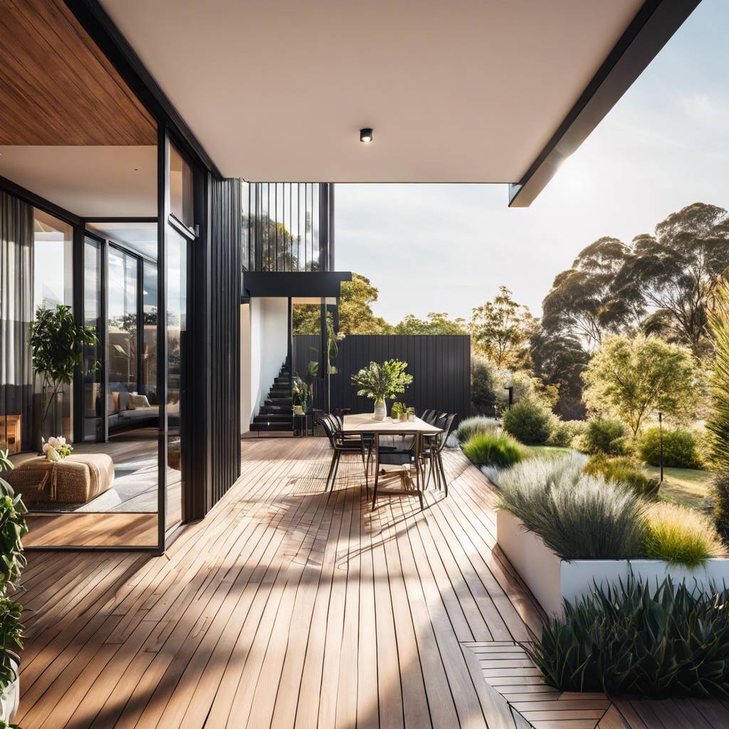 Modern outdoor patio with sleek furniture, wooden deck, landscaped garden, and glass panels.