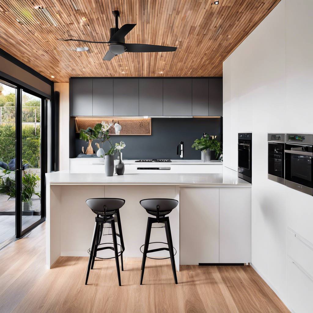 Modern Australian kitchen with white island, black stools, wooden backsplash, and large glass doors.