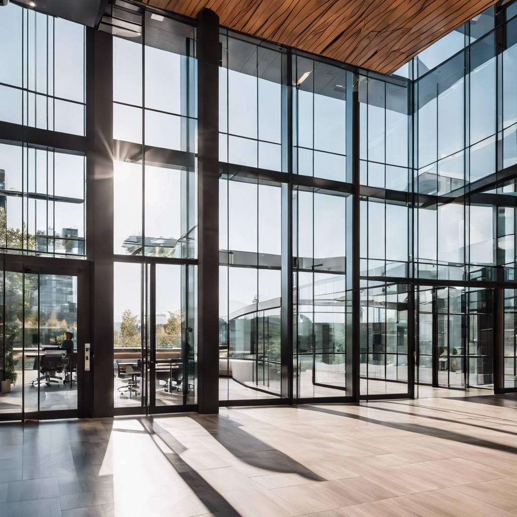 Modern spacious interior with large glass windows, natural light, and minimalist design.