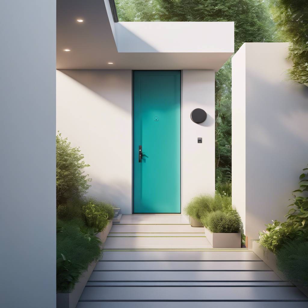 Modern minimalist entryway with teal door, white walls, and greenery.