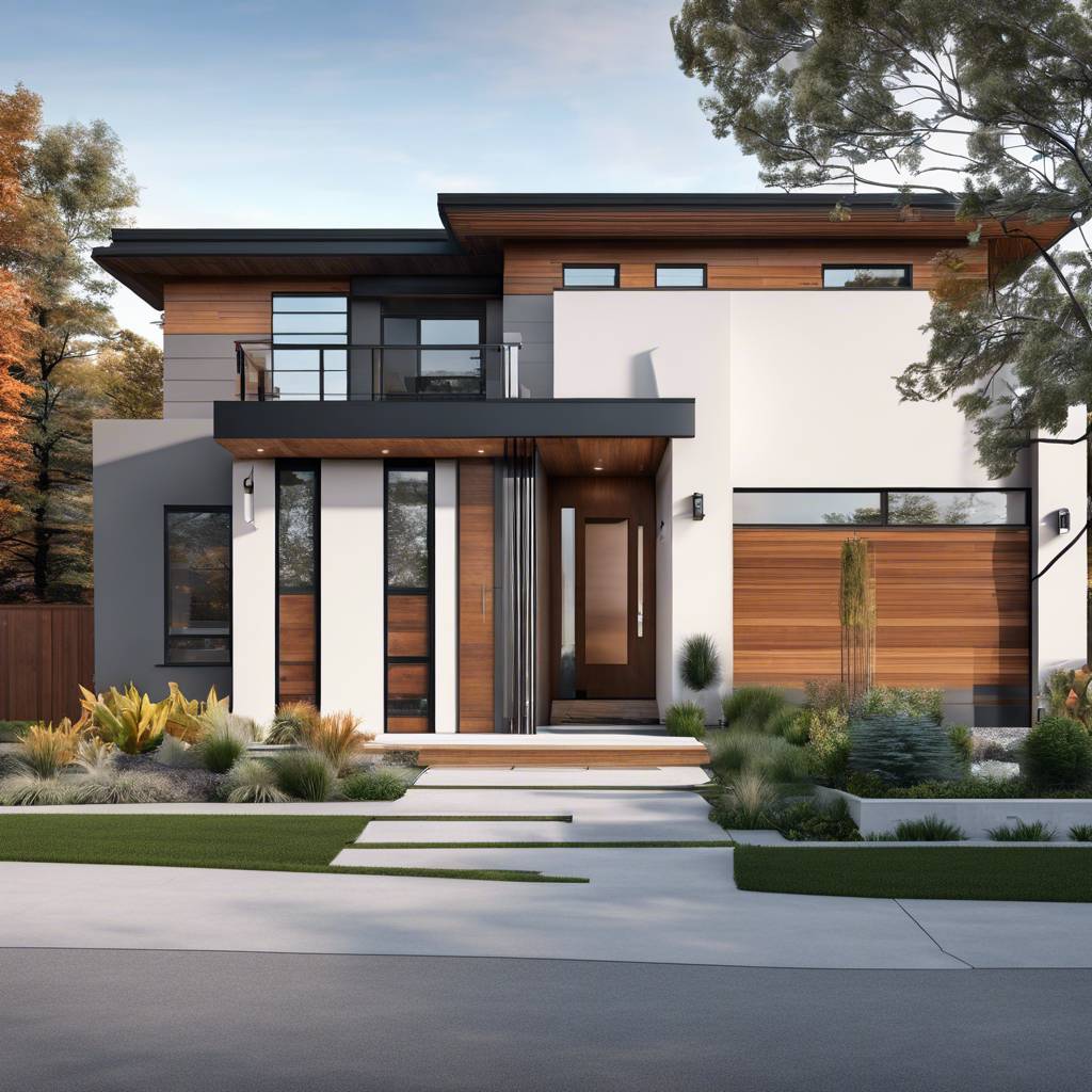 Modern two-story house with white stucco, wood accents, and large windows.
