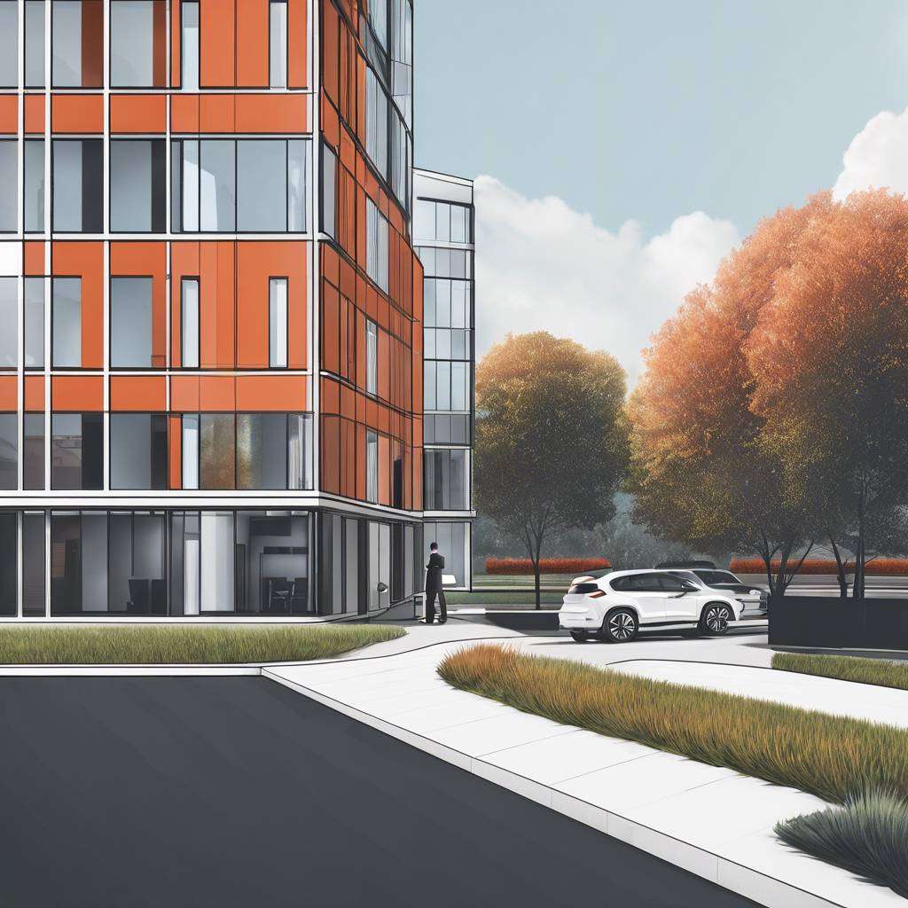 Modern urban building with glass façade, orange cladding, sidewalk, greenery, car, and autumn trees.